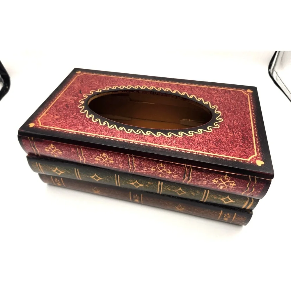 Multicolored Library Book Design Wood Bathroom Facial Tissue Box Cover